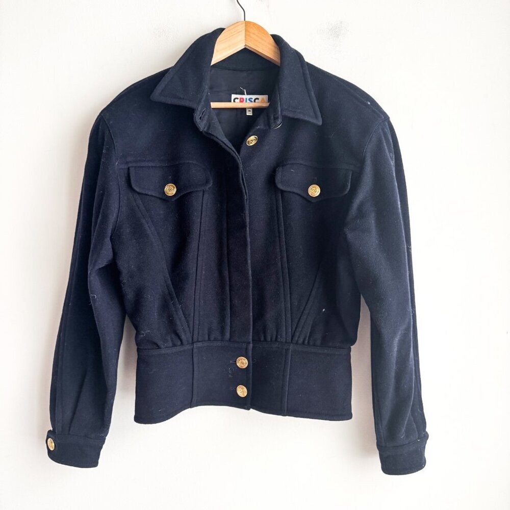 Vintage Crisca Navy Blue Wool Cropped Gold Button Jacket S/M - Picture 2 of 7